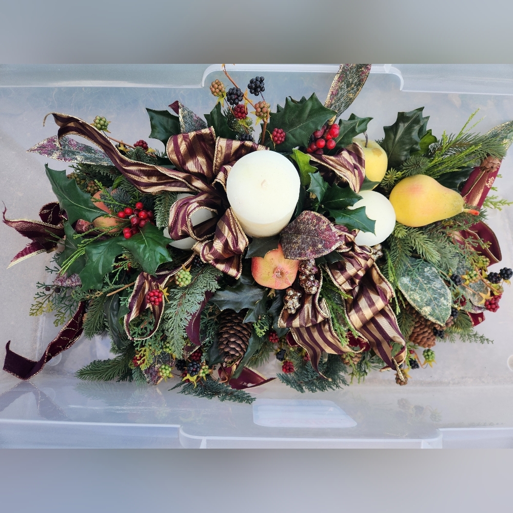 Christmas Table Decor Centerpiece Greenery Fruit Ribbon Mantle Holiday